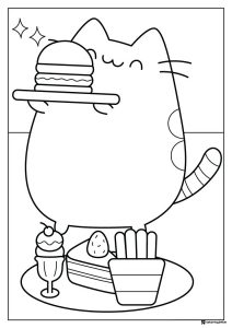 Pusheen Coloring Sheet with Burger and Desserts