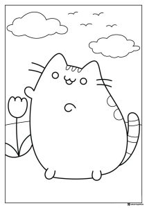 Pusheen Coloring Sheet with a Tulip