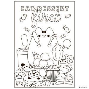 Pusheen Dessert First Coloring Page with Sweets