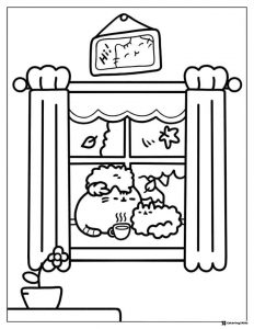 Pusheen Drinking Coffee by Window Coloring Page