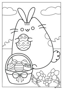Pusheen Easter Bunny Coloring Page with Eggs
