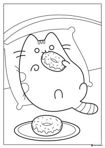 Pusheen Eating Donut Coloring Page