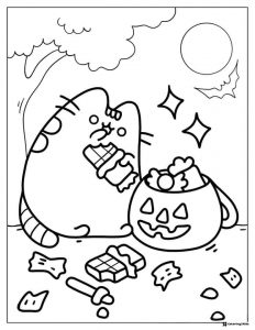 Pusheen Halloween Candy Coloring Page with Bat