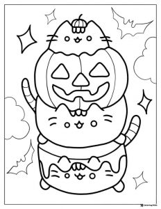 Pusheen Halloween Stack Coloring Page with Pumpkin
