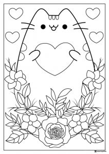 Pusheen Holding Heart Coloring Page with Flowers