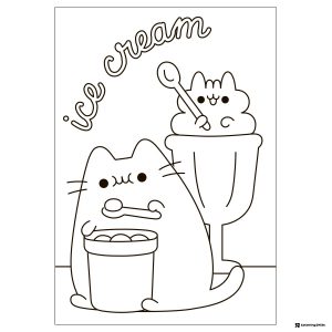 Pusheen Ice Cream Coloring Page with Friends