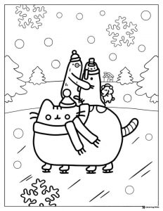 Pusheen Ice Skating Coloring Page with Friends