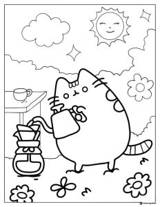 Pusheen Making Coffee Coloring Page Outdoors