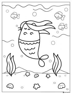 Pusheen Mermaid Coloring Page Underwater