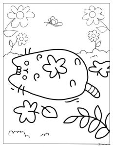 Pusheen Resting in Flowers Coloring Page