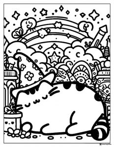 Pusheen Sleeping with Rainbow Coloring Page