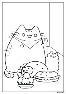 Pusheen Thanksgiving Dinner Coloring Page