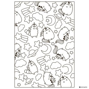 Pusheen Unicorn Space Theme Coloring Page with Stars
