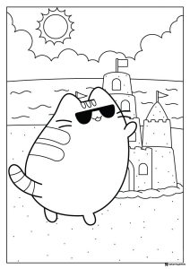 Pusheen at Beach Coloring Page with Sandcastle
