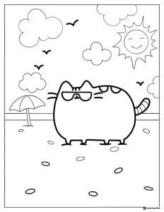Pusheen at Beach Coloring Page with Sun and Birds