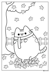 Pusheen in Autumn Leaves Coloring Page