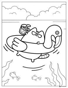 Pusheen on Flamingo Float Coloring Page