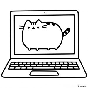 Pusheen on Laptop Screen Coloring Page
