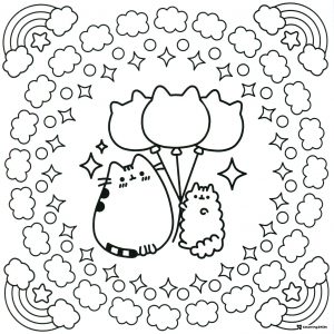 Pusheen with Balloons Coloring Page