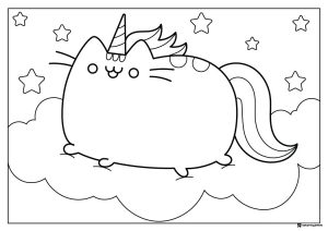 Pusheenicorn on Cloud Coloring Page with Stars