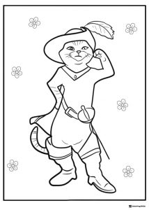 Puss in Boots posing with flowers coloring page