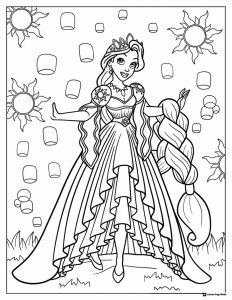 Rapunzel Coloring Page with Floating Lanterns and Sun