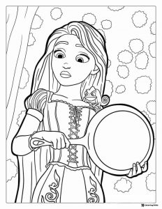 Rapunzel Holding Frying Pan with Pascal Coloring Page