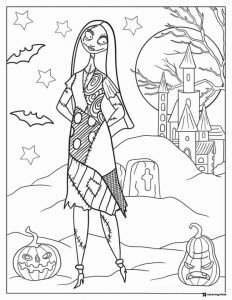 Sally in front of Halloween Town castle coloring