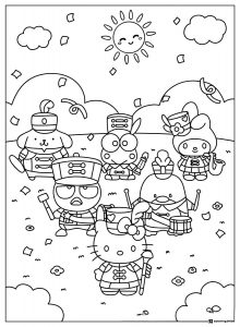 Sanrio Character Parade Coloring Page with musical instruments