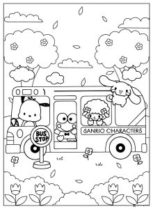 Sanrio Characters Bus Coloring Page with Cinnamoroll