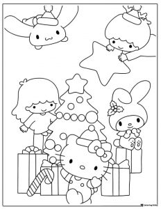 Sanrio Christmas coloring page with tree and gifts