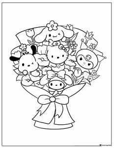 Sanrio Friends Flower Bouquet Coloring Page 1