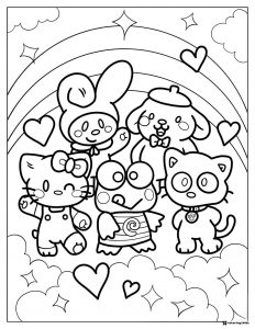 Sanrio characters coloring sheet with rainbow