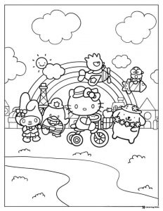 Sanrio characters with a rainbow and city coloring page