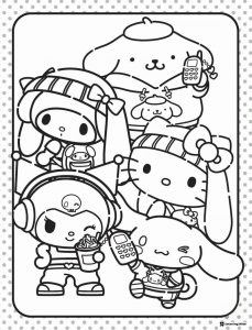 Sanrio characters with phones and drinks coloring page 1