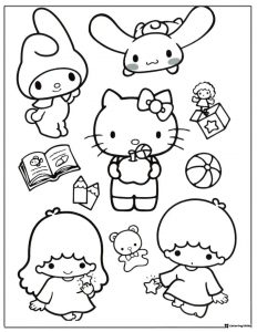 Sanrio characters with school supplies coloring page