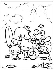 Sanrio friends at beach coloring page with surfboard