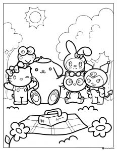 Sanrio friends having a picnic coloring page