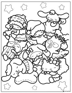 Sanrio sleeping characters coloring page with stars