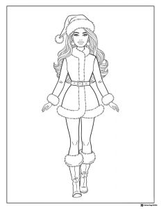 Santa Barbie Coloring Page in Festive Suit and Hat