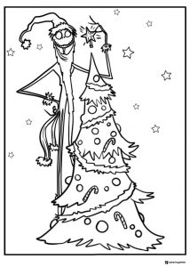 Santa Jack decorating a Christmas tree coloring