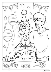 Scooby Doo Birthday Coloring Page with Shaggy and cake
