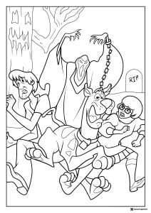 Scooby Doo and friends running from a ghost