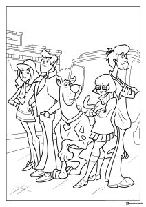 Scooby Doo and gang standing by the Mystery Machine