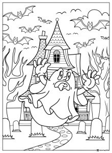 Screaming Ghost in Front of Haunted House Coloring Sheet