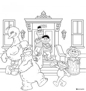 Sesame Street characters Coloring Page in front of 123 building