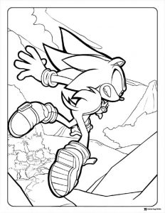 Shadow the Hedgehog Leaping Coloring Page in a mountainous area