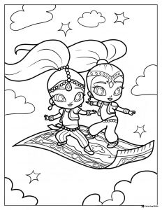 Shimmer and Shine riding a magic carpet coloring page