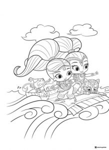 Shimmer and Shine sailing on waves Coloring Page