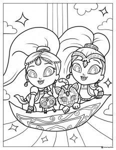 Shimmer and Shine with pets in a magical boat Coloring Page